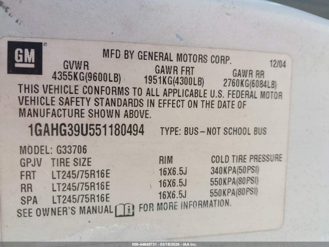 Продажа на аукционе авто 2005 Chevrolet Express, vin: 1GAHG39U551180494, номер лота: 44649731