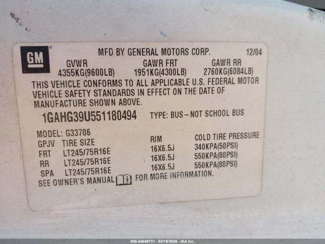 Продажа на аукционе авто 2005 Chevrolet Express, vin: 1GAHG39U551180494, номер лота: 44649731