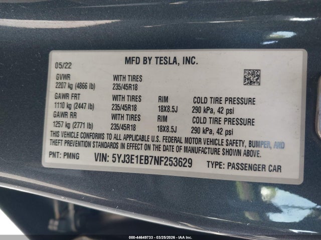 44649733 :رقم المزاد ، 5YJ3E1EB7NF253629 vin ، 2022 Tesla Model 3 Long Range Dual Motor All-wheel Drive مزاد بيع