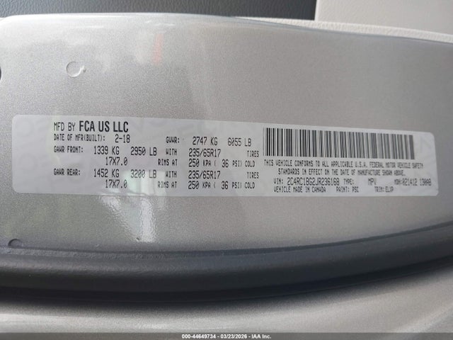 Продажа на аукционе авто 2018 Chrysler Pacifica Touring L, vin: 2C4RC1BG2JR236168, номер лота: 44649734