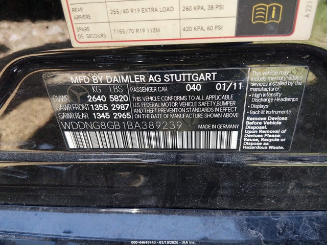 2011 Mercedes-benz S 550 4matic მანქანა იყიდება აუქციონზე, vin: WDDNG8GB1BA389239, აუქციონის ნომერი: 44649743