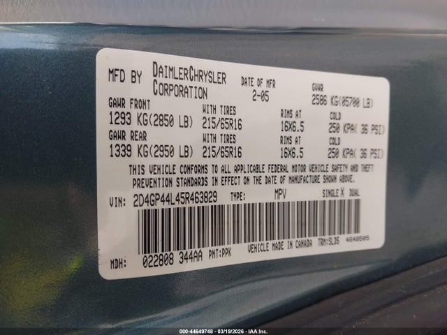 Продаж на аукціоні авто 2005 Dodge Grand Caravan Sxt, vin: 2D4GP44L45R463829, номер лоту: 44649748