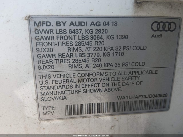 Aukcja sprzedaży 2018 Audi Q7 2.0t Premium, vin: WA1LHAF73JD040528, numer aukcji: 44649755