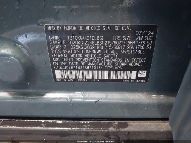 44649772 :رقم المزاد ، 3CZRZ1H34SM710174 vin ، 2025 Honda Hr-v 2wd Lx مزاد بيع