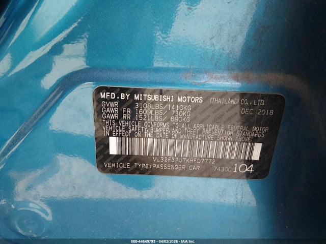 Продаж на аукціоні авто 2019 Mitsubishi Mirage G4 Es, vin: ML32F3FJ7KHF07772, номер лоту: 44649793