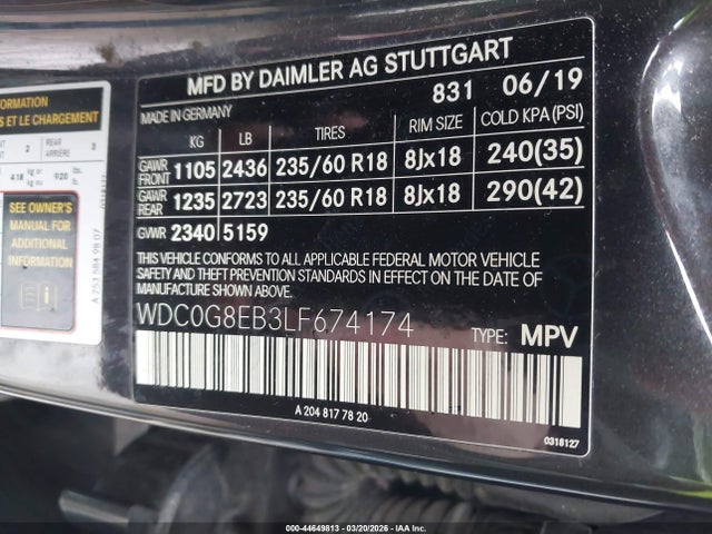 44649813 :رقم المزاد ، WDC0G8EB3LF674174 vin ، 2020 Mercedes-benz Glc 300 4matic مزاد بيع