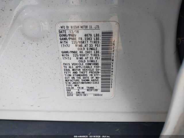 2017 Nissan Rogue S მანქანა იყიდება აუქციონზე, vin: JN8AT2MV5HW013353, აუქციონის ნომერი: 44649820