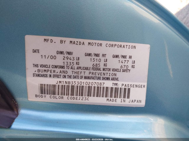 44649823 :رقم المزاد ، JM1NB353010207087 vin ، 2001 Mazda Mx-5 Miata Ls/special Edition مزاد بيع