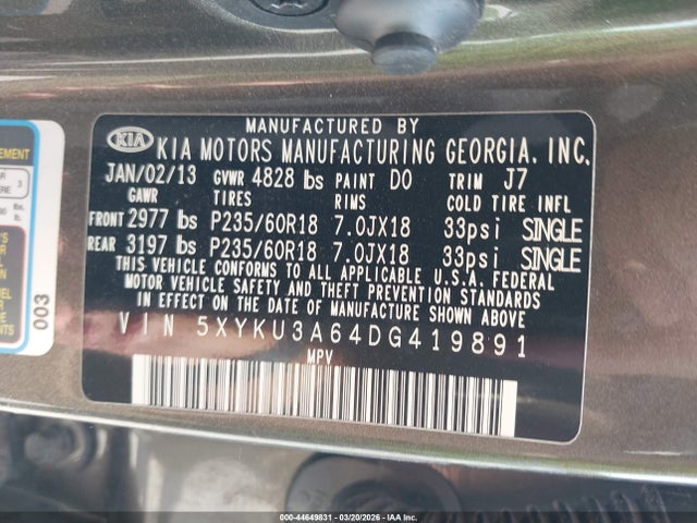 Продаж на аукціоні авто 2013 Kia Sorento Ex, vin: 5XYKU3A64DG419891, номер лоту: 44649831