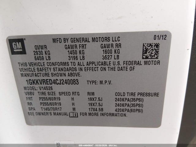 Продаж на аукціоні авто 2012 Gmc Acadia Slt-1, vin: 1GKKVRED4CJ240083, номер лоту: 44649847
