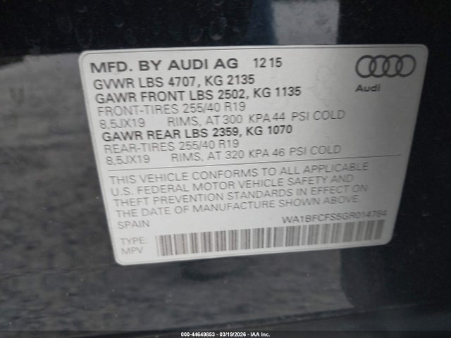 44649853 :رقم المزاد ، WA1BFCFS5GR014784 vin ، 2016 Audi Q3 2.0t Premium Plus مزاد بيع