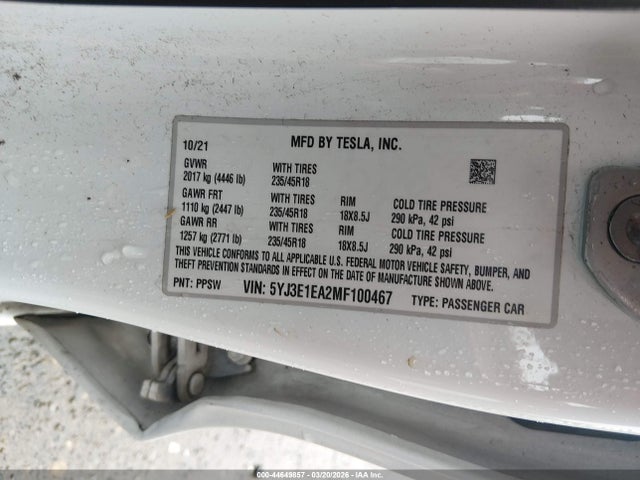 Продаж на аукціоні авто 2021 Tesla Model 3 Standard Range Plus Rear-wheel Drive, vin: 5YJ3E1EA2MF100467, номер лоту: 44649857