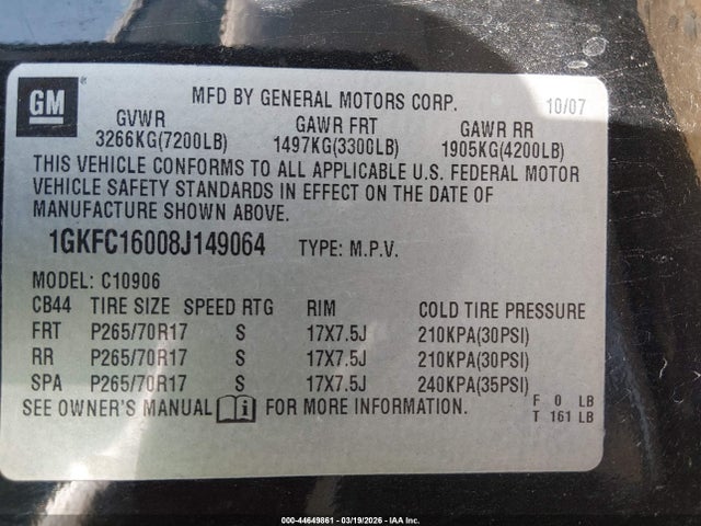 44649861 :رقم المزاد ، 1GKFC16008J149064 vin ، 2008 Gmc Yukon Xl 1500 Sle مزاد بيع