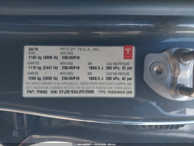 Продажа на аукционе авто 2018 Tesla Model 3, vin: 5YJ3E1EA2JF012689, номер лота: 44649871
