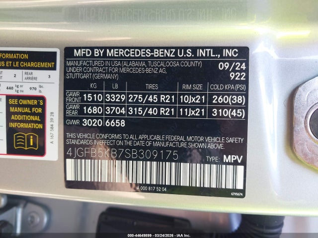 Aukcja sprzedaży 2025 Mercedes-benz Gle 450 4matic, vin: 4JGFB5KB7SB309175, numer aukcji: 44649899