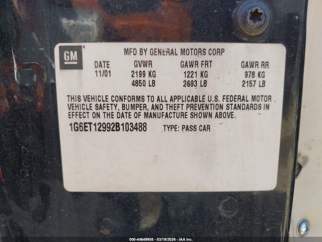 44649908 :رقم المزاد ، 1G6ET12992B103488 vin ، 2002 Cadillac Eldorado Etc مزاد بيع