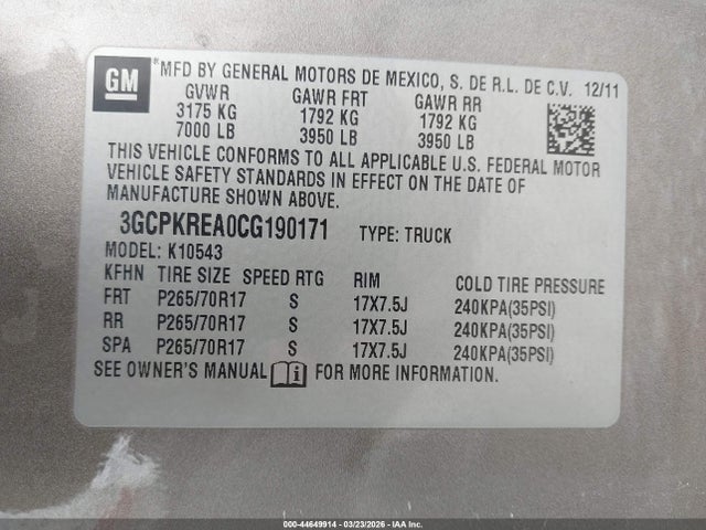 Aukcja sprzedaży 2012 Chevrolet Silverado 1500 Ls, vin: 3GCPKREA0CG190171, numer aukcji: 44649914