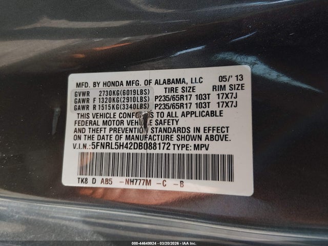 Aukcja sprzedaży 2013 Honda Odyssey Ex, vin: 5FNRL5H42DB088172, numer aukcji: 44649924