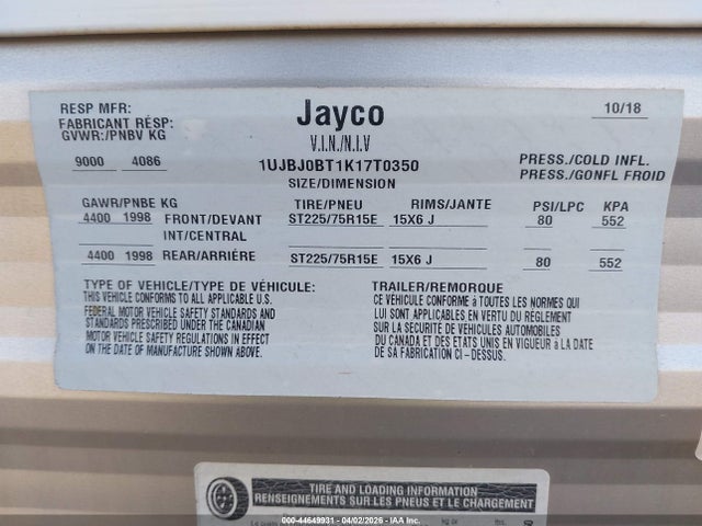 1UJBJ0BT1K17T0350 Jayco Jay Flight