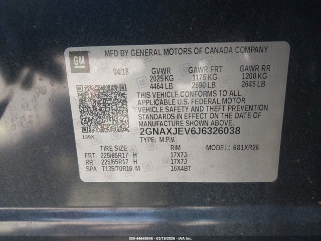 2GNAXJEV6J6326038 Chevrolet EQUINOX LT