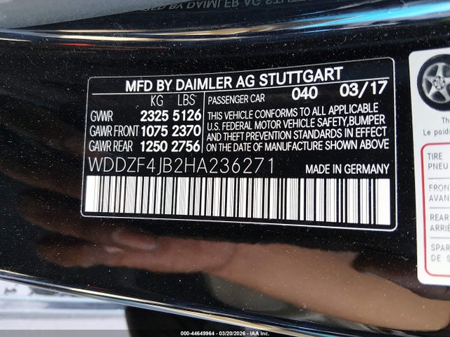 44649964 :رقم المزاد ، WDDZF4JB2HA236271 vin ، 2017 Mercedes-benz E 300 مزاد بيع
