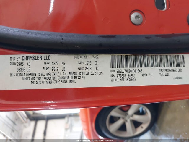 Auction sale of the 2008 Dodge Challenger Srt8, vin: 2B3LJ74W08H311843, lot number: 44649969