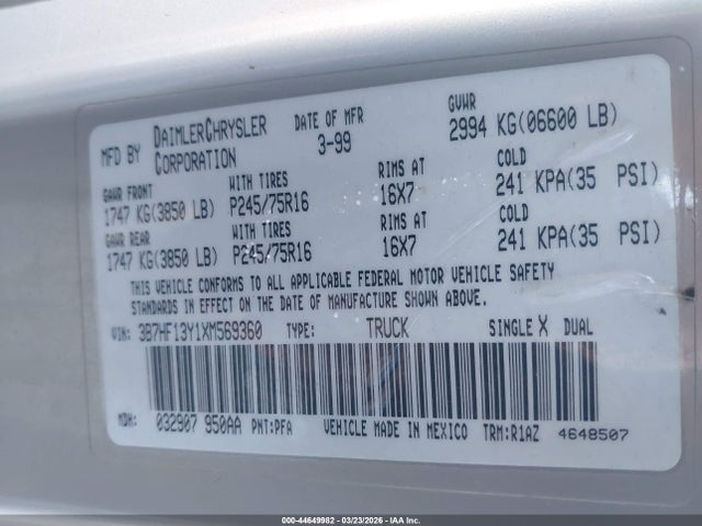 44649982 :رقم المزاد ، 3B7HF13Y1XM569360 vin ، 1999 Dodge Ram 1500 St مزاد بيع