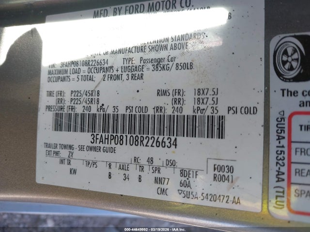 44649992 :رقم المزاد ، 3FAHP08108R226634 vin ، 2008 Ford Fusion Sel مزاد بيع