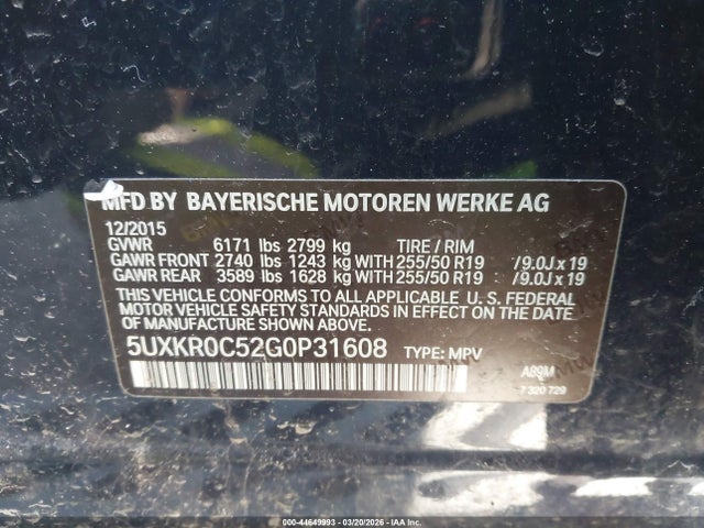 2016 Bmw X5 Xdrive35i მანქანა იყიდება აუქციონზე, vin: 5UXKR0C52G0P31608, აუქციონის ნომერი: 44649993