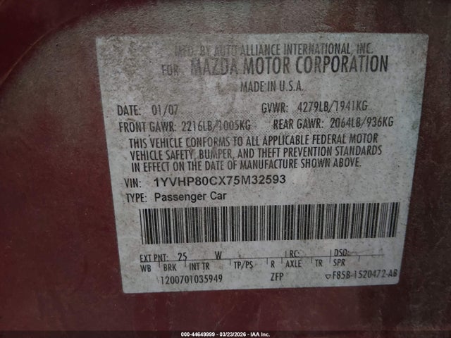 2007 Mazda Mazda6 I Touring მანქანა იყიდება აუქციონზე, vin: 1YVHP80CX75M32593, აუქციონის ნომერი: 44649999