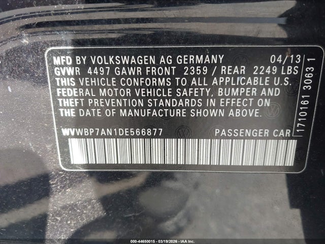 44650015 :رقم المزاد ، WVWBP7AN1DE566877 vin ، 2013 Volkswagen Cc 2.0t Sport مزاد بيع