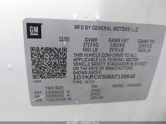 44650017 :رقم المزاد ، 1GYKPCRS8MZ139640 vin ، 2021 Cadillac Xt6 Fwd Premium Luxury مزاد بيع