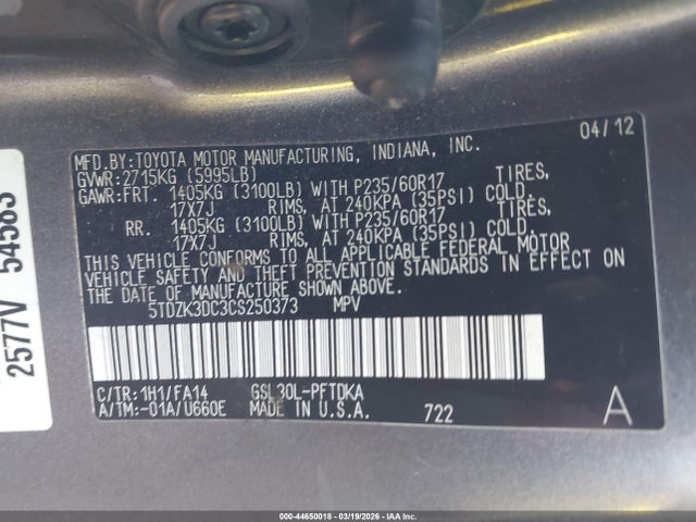 Aukcja sprzedaży 2012 Toyota Sienna Base V6 7 Passenger, vin: 5TDZK3DC3CS250373, numer aukcji: 44650018