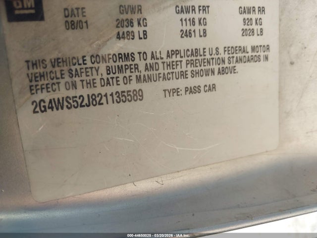 2002 Buick Century Custom მანქანა იყიდება აუქციონზე, vin: 2G4WS52J821135589, აუქციონის ნომერი: 44650025