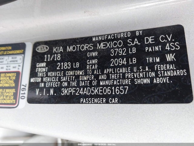 Aukcja sprzedaży 2019 Kia Forte Lxs, vin: 3KPF24AD5KE061657, numer aukcji: 44650053