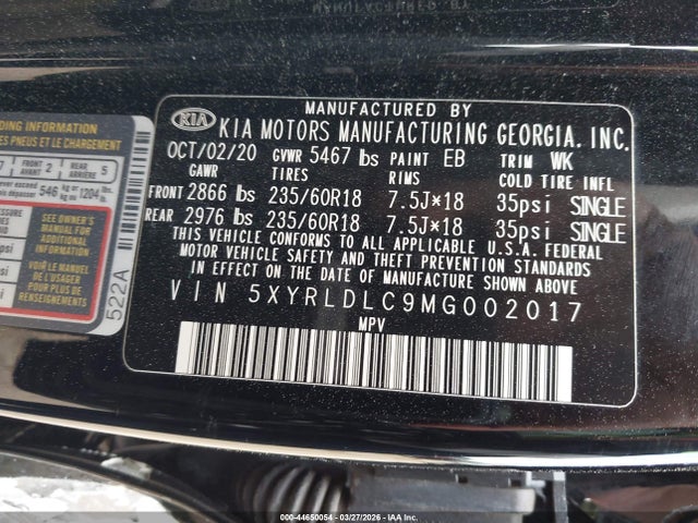 Aukcja sprzedaży 2021 Kia Sorento S, vin: 5XYRLDLC9MG002017, numer aukcji: 44650054
