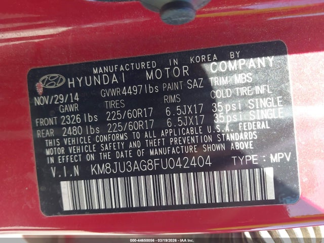 KM8JU3AG8FU042404 Hyundai TUCSON SE