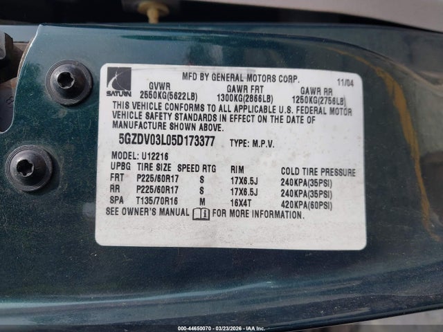44650070 :رقم المزاد ، 5GZDV03L05D173377 vin ، 2005 Saturn Relay Fwd مزاد بيع
