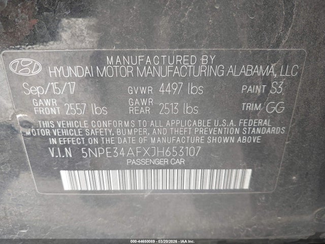 2018 Hyundai Sonata Sel მანქანა იყიდება აუქციონზე, vin: 5NPE34AFXJH653107, აუქციონის ნომერი: 44650089