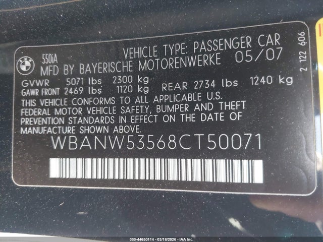 2008 Bmw 550i მანქანა იყიდება აუქციონზე, vin: WBANW53568CT50071, აუქციონის ნომერი: 44650114