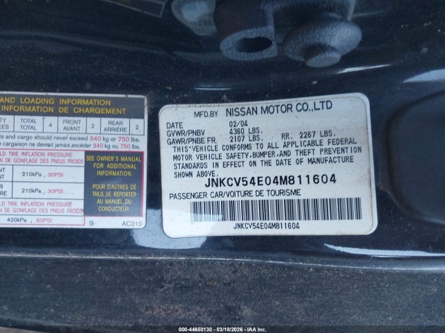 Aukcja sprzedaży 2004 Infiniti G35, vin: JNKCV54E04M811604, numer aukcji: 44650130