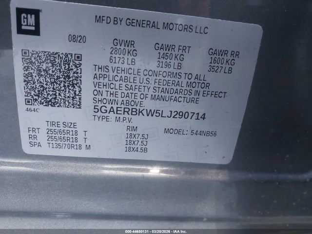 2020 Buick Enclave Essence მანქანა იყიდება აუქციონზე, vin: 5GAERBKW5LJ290714, აუქციონის ნომერი: 44650131