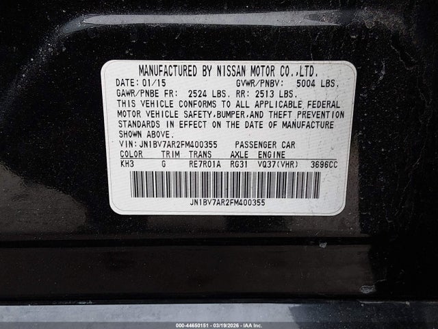 Продажа на аукционе авто 2015 Infiniti Q50, vin: JN1BV7AR2FM400355, номер лота: 44650151