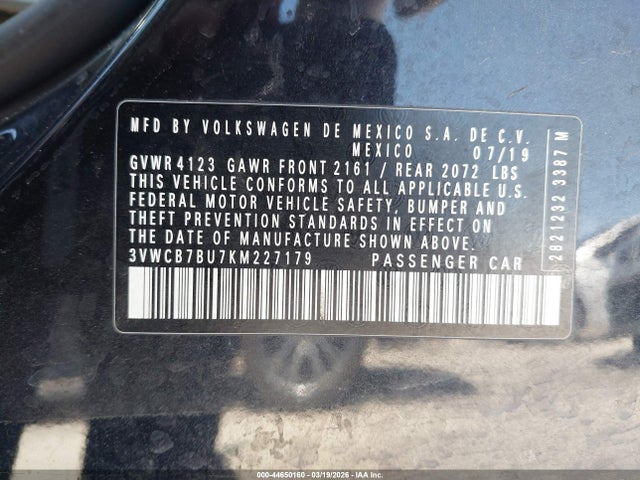 44650160 :رقم المزاد ، 3VWCB7BU7KM227179 vin ، 2019 Volkswagen Jetta مزاد بيع