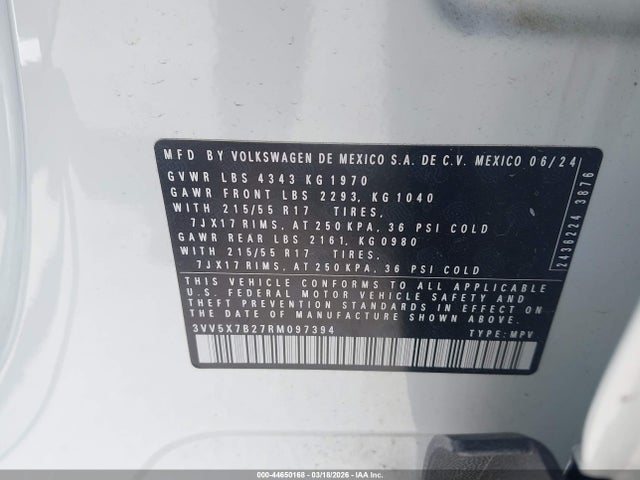 2024 Volkswagen Taos 1.5t S მანქანა იყიდება აუქციონზე, vin: 3VV5X7B27RM097394, აუქციონის ნომერი: 44650168