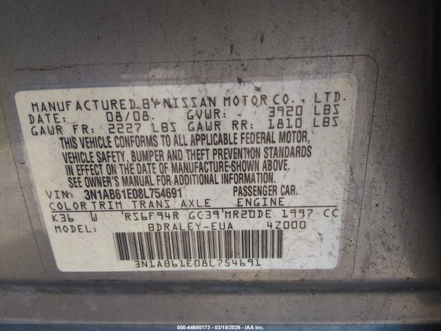 Aukcja sprzedaży 2008 Nissan Sentra 2.0s, vin: 3N1AB61E08L754691, numer aukcji: 44650173