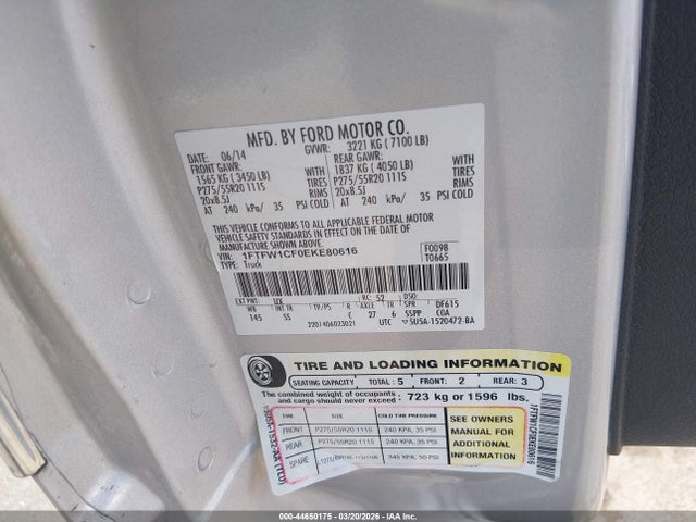 44650175 :رقم المزاد ، 1FTFW1CF0EKE80616 vin ، 2014 Ford F-150 Stx مزاد بيع