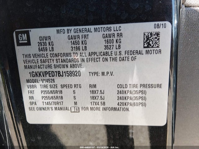 Продаж на аукціоні авто 2011 Gmc Acadia Sle, vin: 1GKKVPED7BJ158920, номер лоту: 44650197