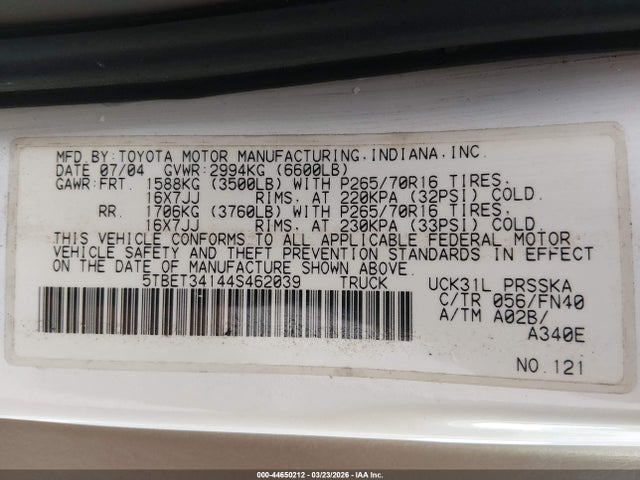 2004 Toyota Tundra Sr5 V8 მანქანა იყიდება აუქციონზე, vin: 5TBET34144S462039, აუქციონის ნომერი: 44650212