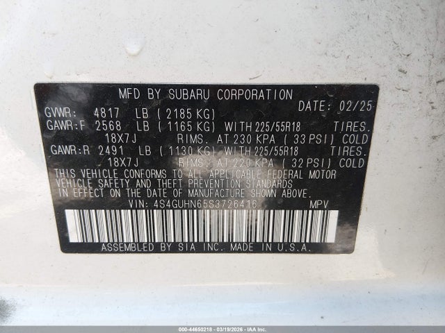 2025 Subaru Crosstrek Limited მანქანა იყიდება აუქციონზე, vin: 4S4GUHN65S3726416, აუქციონის ნომერი: 44650218